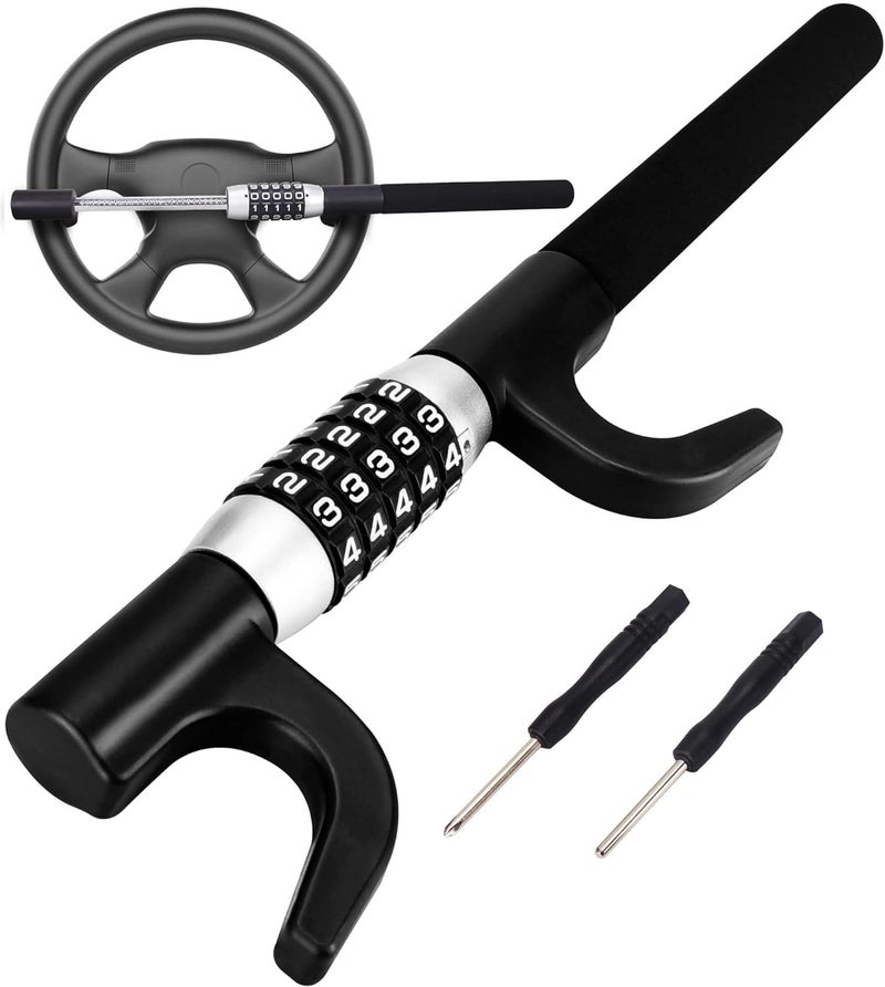Tevlaphee Steering Wheel Lock, Car Lock Anti Theft Keyless Extendable Retractable Password 5 Coded Combination Lock, Heavy Duty Universal Fit (Black) - Image 1